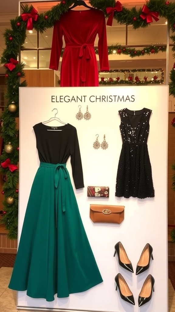Elegant Christmas outfits for women displayed with festive accessories.